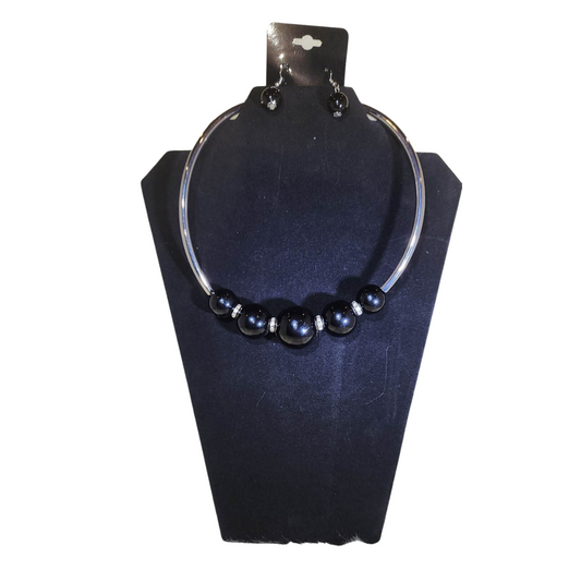 Black Bead Necklace & Earrings Set